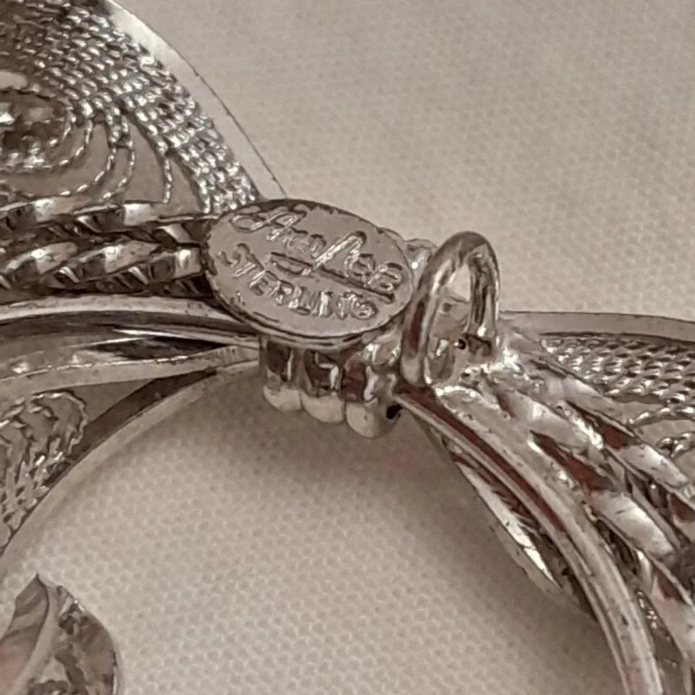 Sterling Silver Filigree Bow Flower Brooch Pin Pendant Rhinestone Accent Elegant